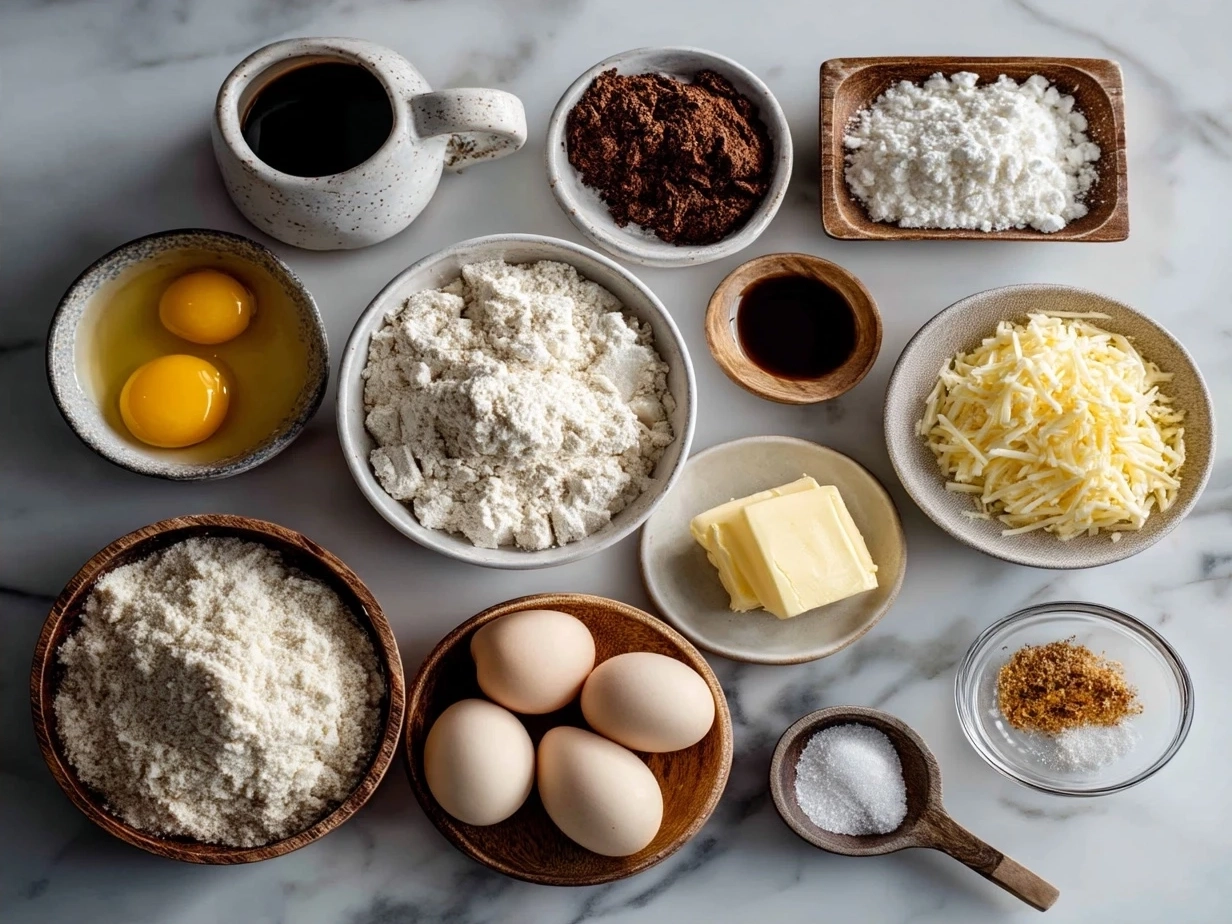 Ingredients for hashbrown breakfast casserole including shredded hashbrowns, eggs, cheese, sausage, and vegetables