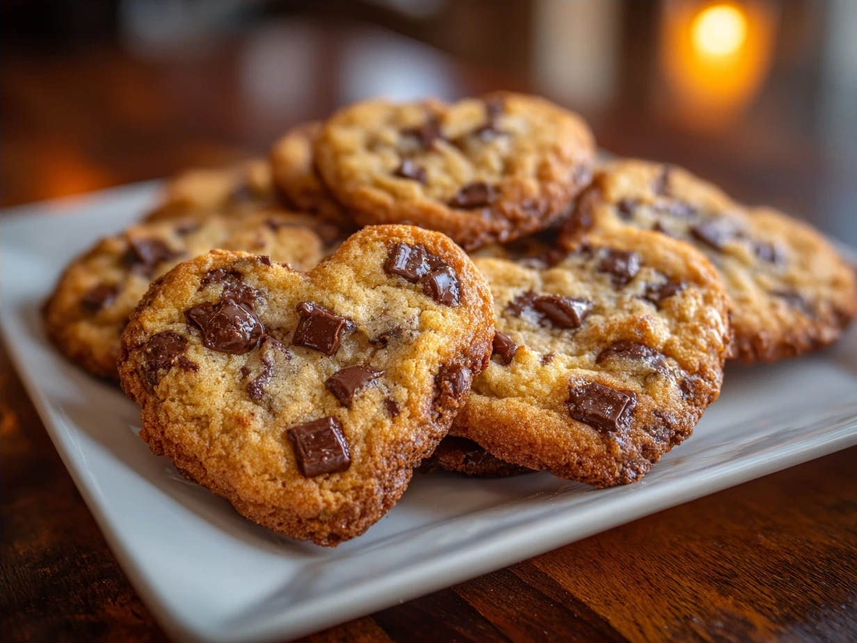 A stack of fresh Heart-Shaped Chocolate Chip Cookies on a decorated plate