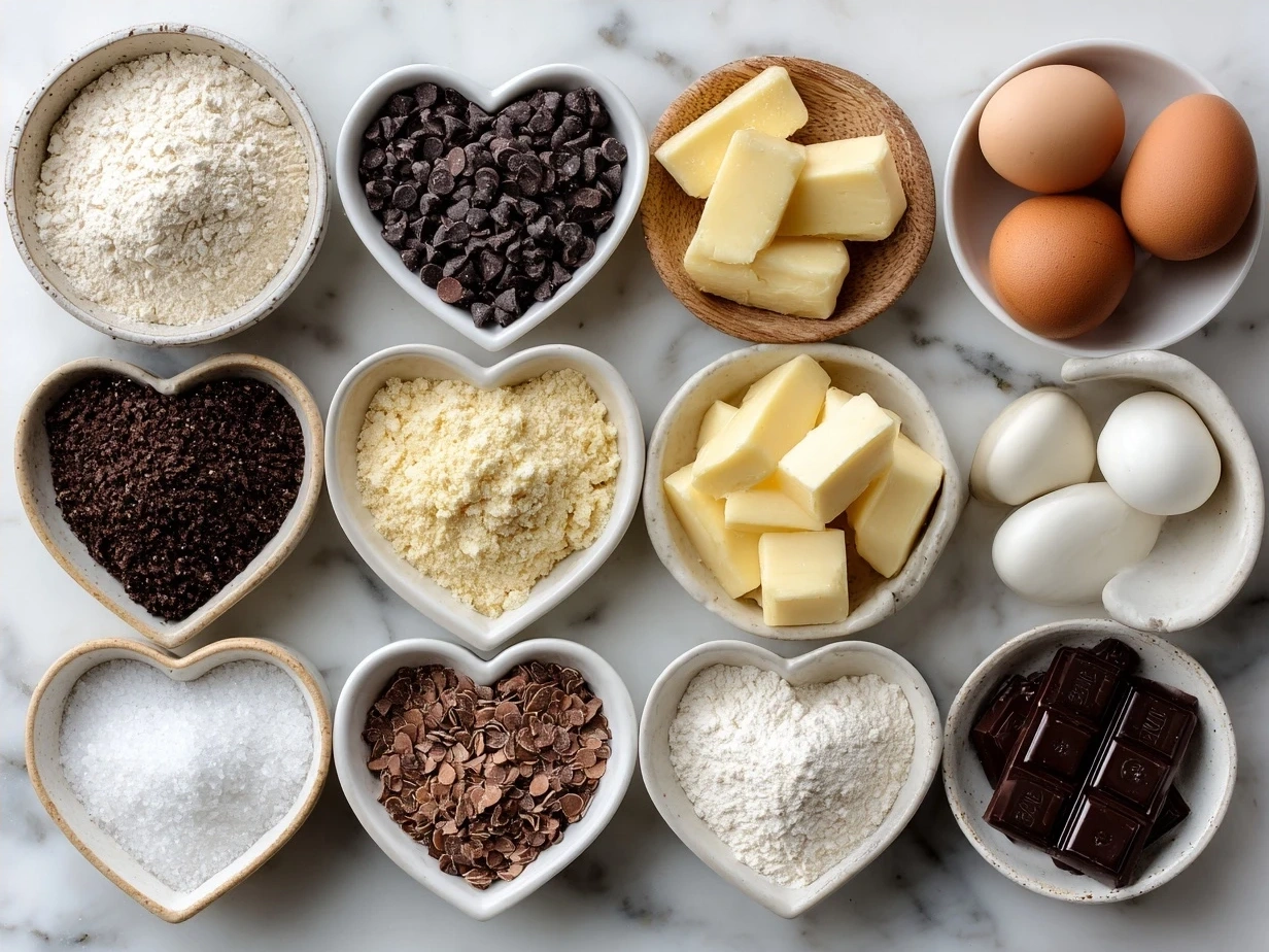 Ingredients for Heart-Shaped Chocolate Chip Cookies laid out on a kitchen counter