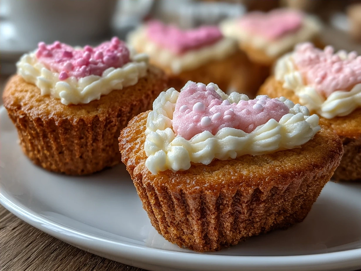 Heart-Shaped Cupcakes beautifully frosted in pink and red with heart sprinkles