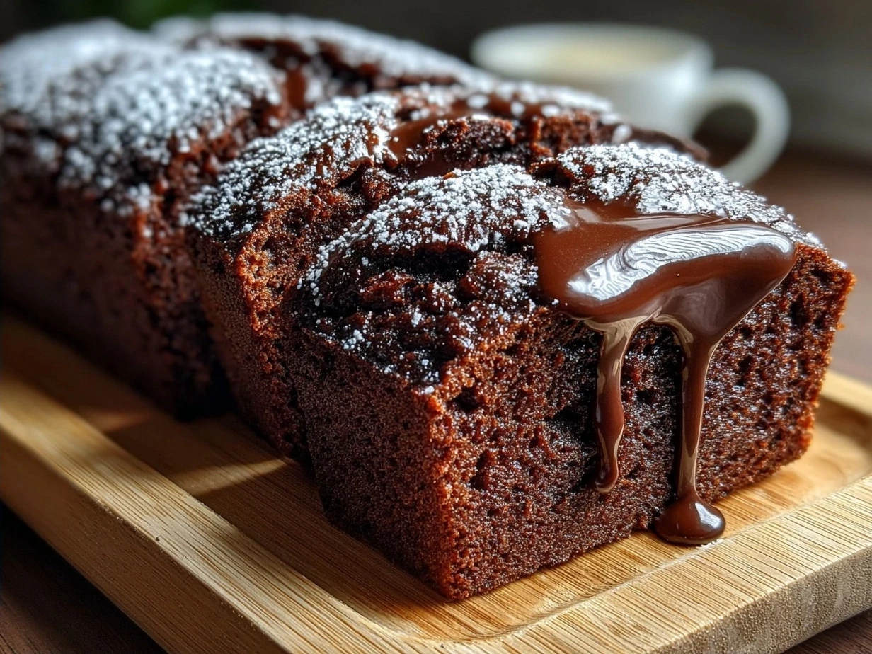 Slice of Hidden Heart Chocolate Loaf Cake revealing red heart center and rich chocolate loaf