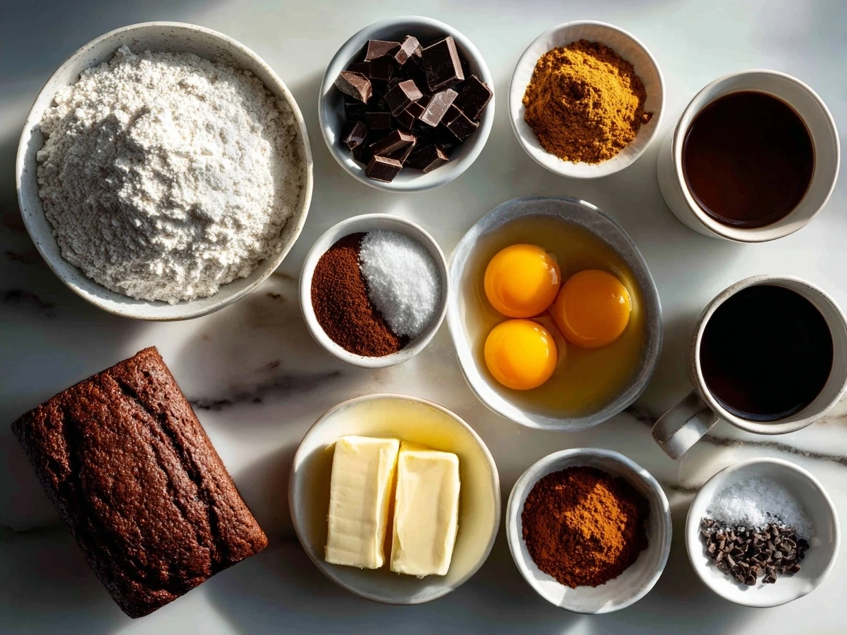 Ingredients laid out for Hidden Heart Chocolate Loaf Cake showing flour, cocoa powder, sugar, cream cheese, eggs and other baking essentials