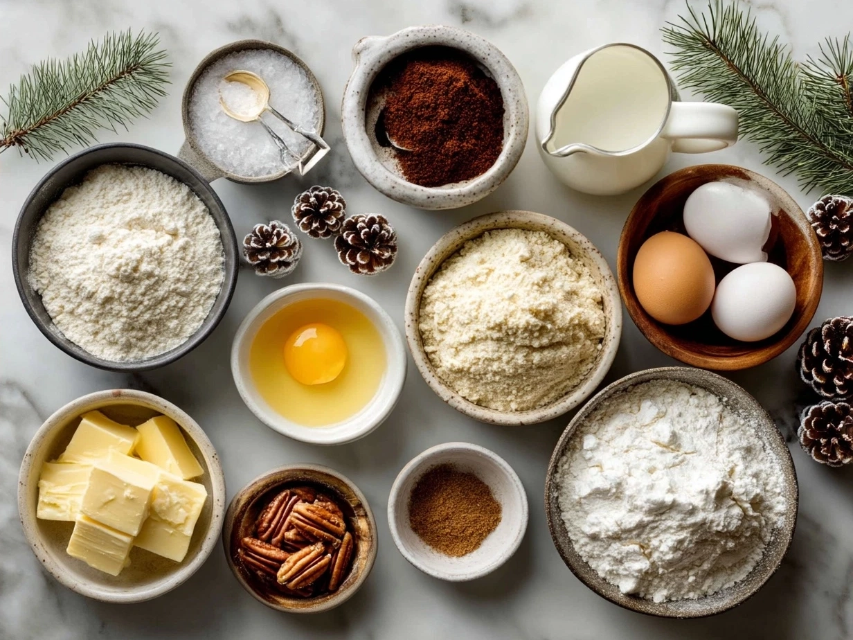 Ingredients for Holiday Cookies including flour, sugar, butter, eggs, and other essentials