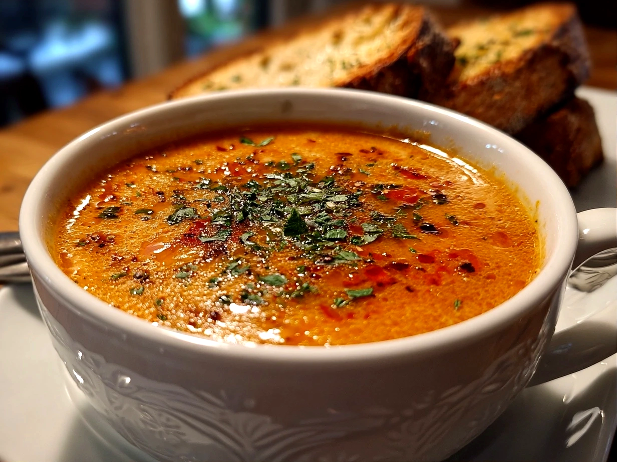 Home cook, iPhone 14. Close-up slight angle of creamy roasted red pepper gouda soup served in white bowl. Warm appetizing --ar 4:3 --style raw --s 230