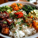 Home cook, taken with iPhone 14. Close-up slight angle of comforting vegan poke bowl on white plate. Warm appetizing --ar 4:3 --style raw --s 245