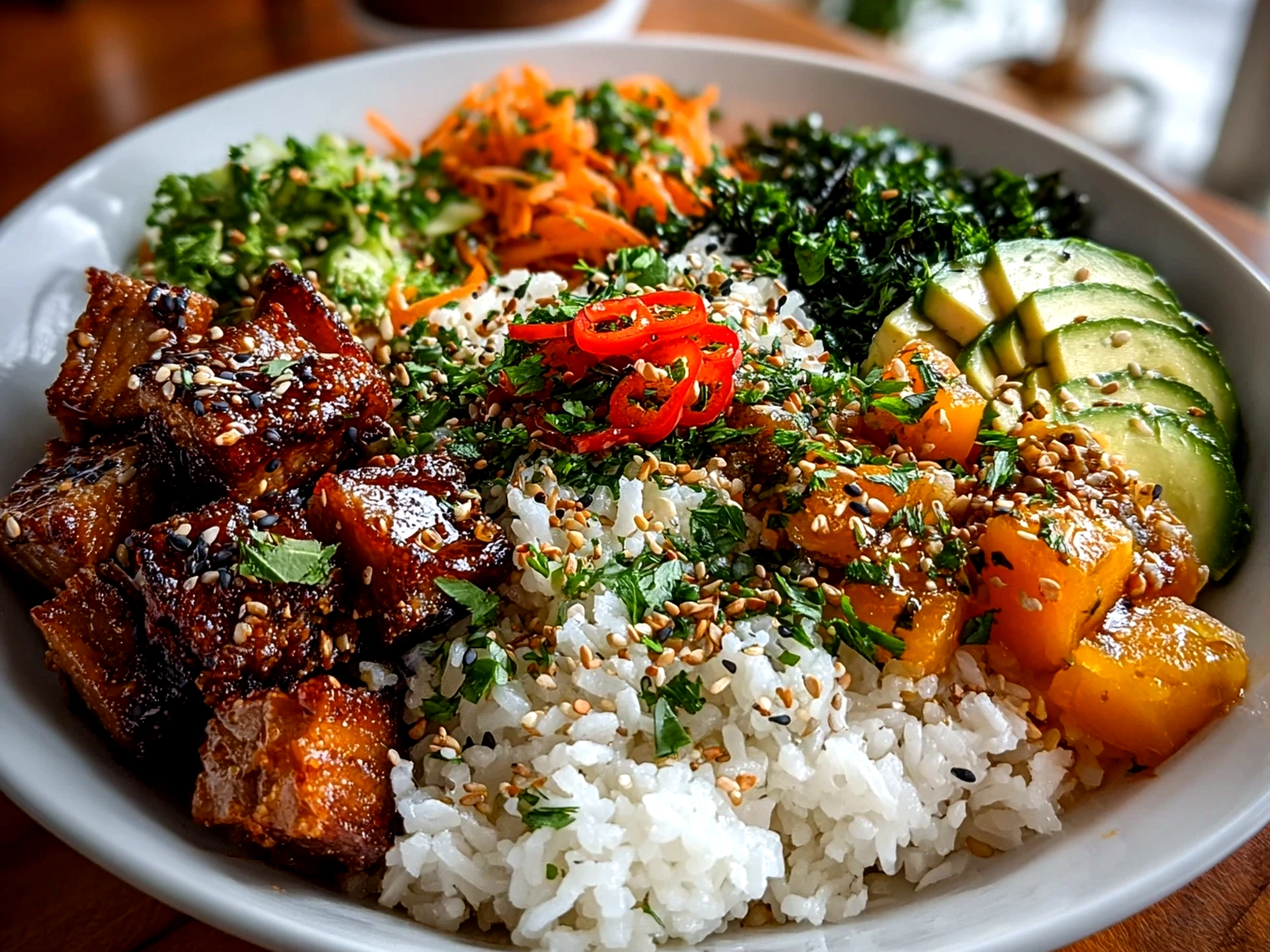 Home cook, taken with iPhone 14. Close-up slight angle of comforting vegan poke bowl on white plate. Warm appetizing --ar 4:3 --style raw --s 245