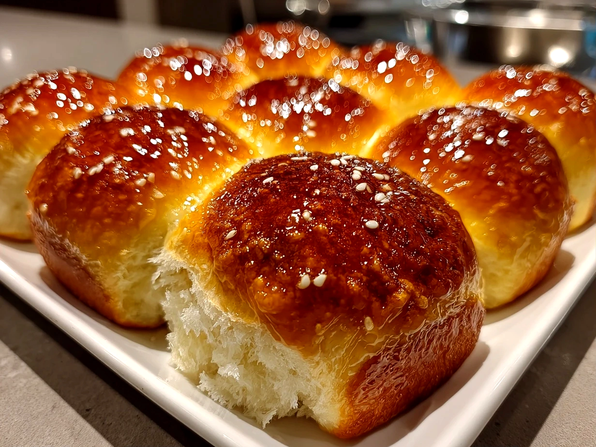 Homemade Japanese Milk Bread Rolls on white plate
