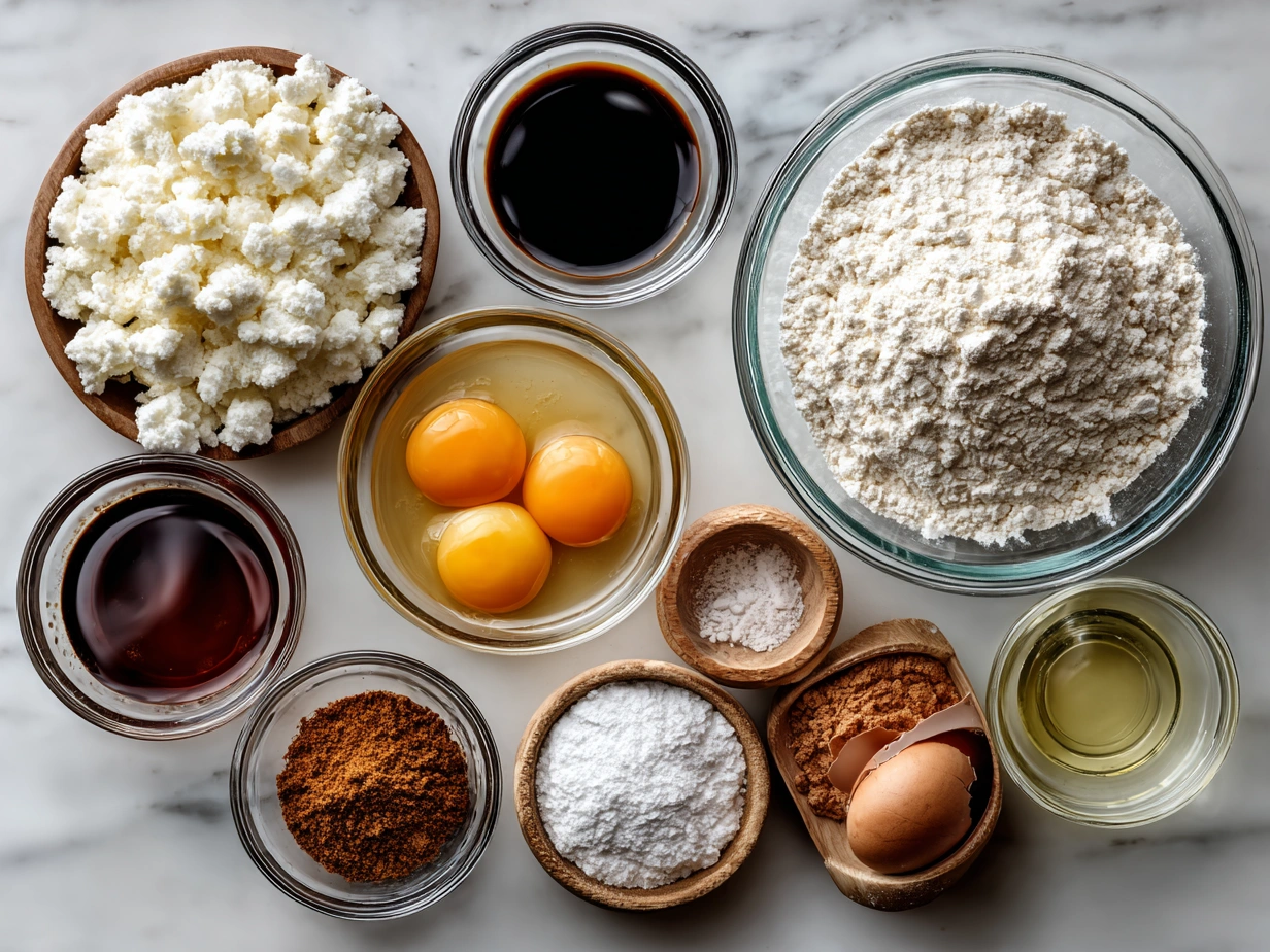 Ingredients for making Homemade Buñuelos: flour, baking powder, salt, sugar, shortening, water, oil, and cinnamon.