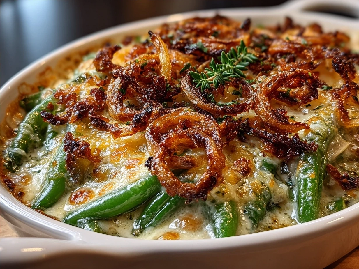 Finished Homemade Green Bean Casserole in a serving dish