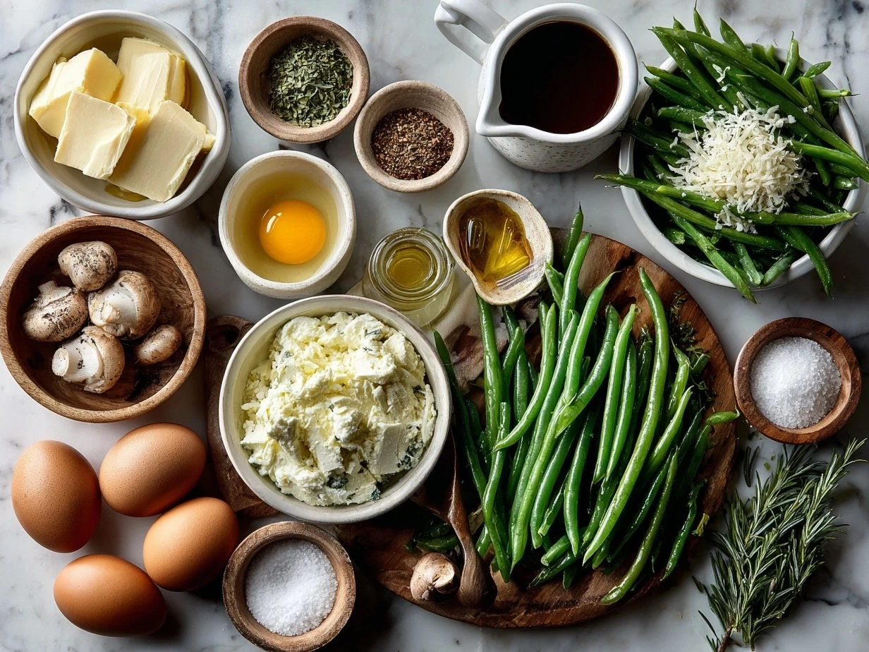 Ingredients for Homemade Green Bean Casserole laid out neatly
