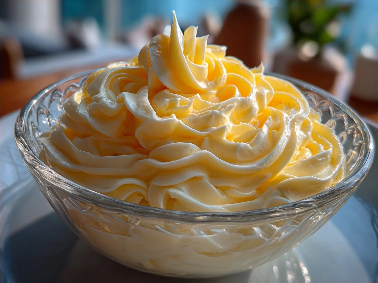 Serving homemade mayonnaise in a small bowl garnished with herbs