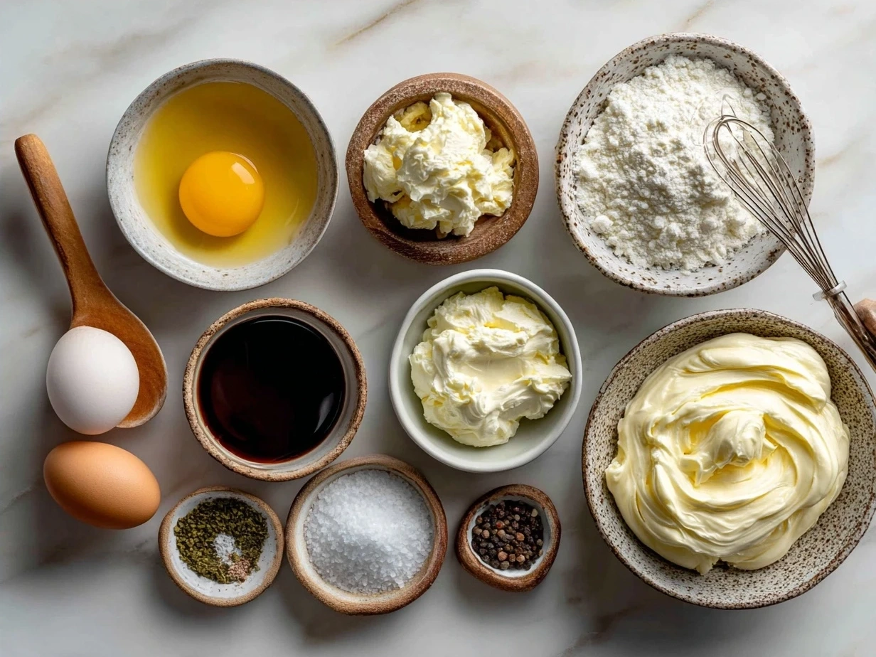 Ingredients for homemade mayonnaise including egg yolk, Dijon mustard, oil, vinegar, salt, and sugar