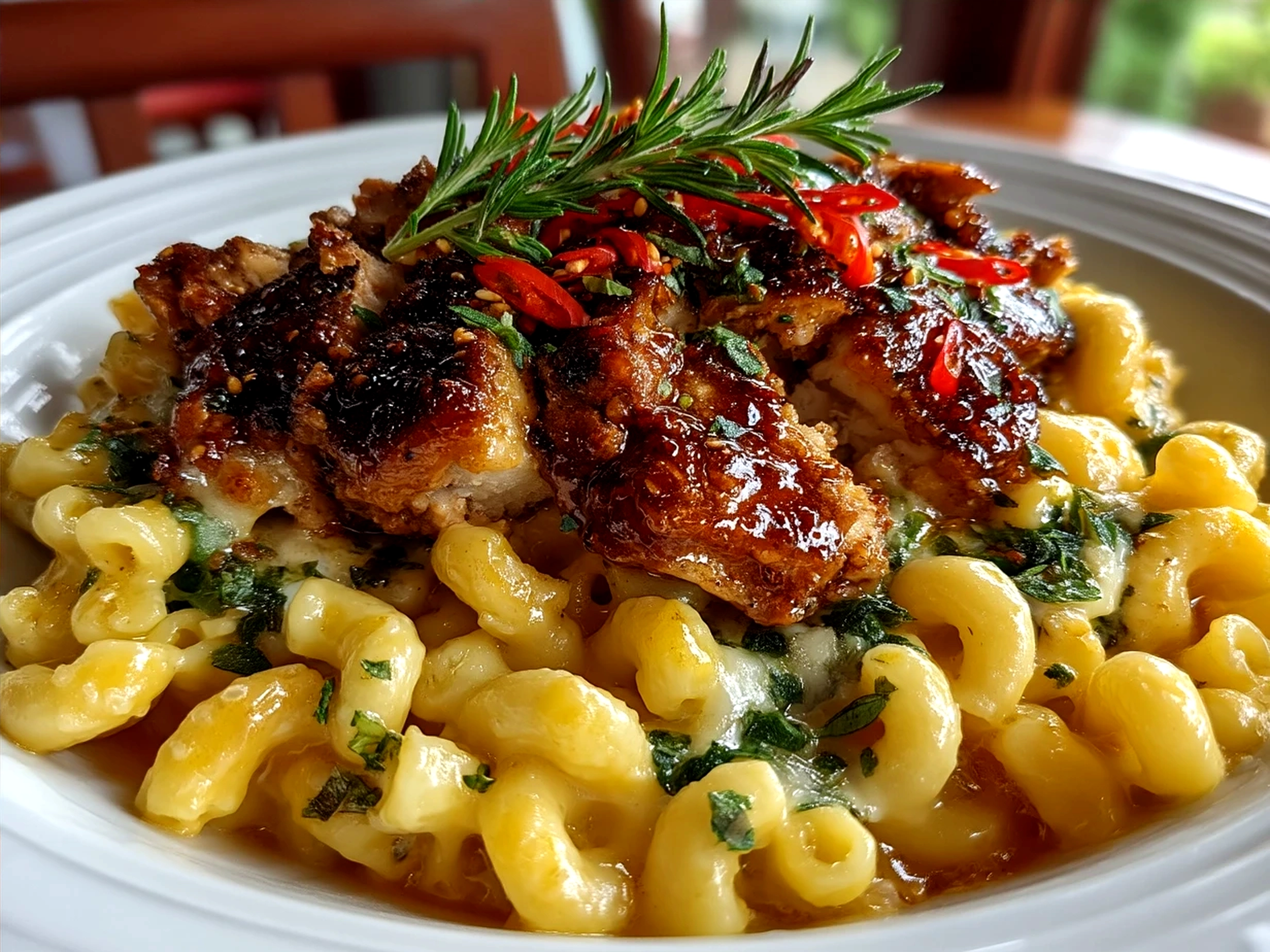 Baked Honey Pepper Chicken Mac and Cheese served in a dish with golden melted cheese crust