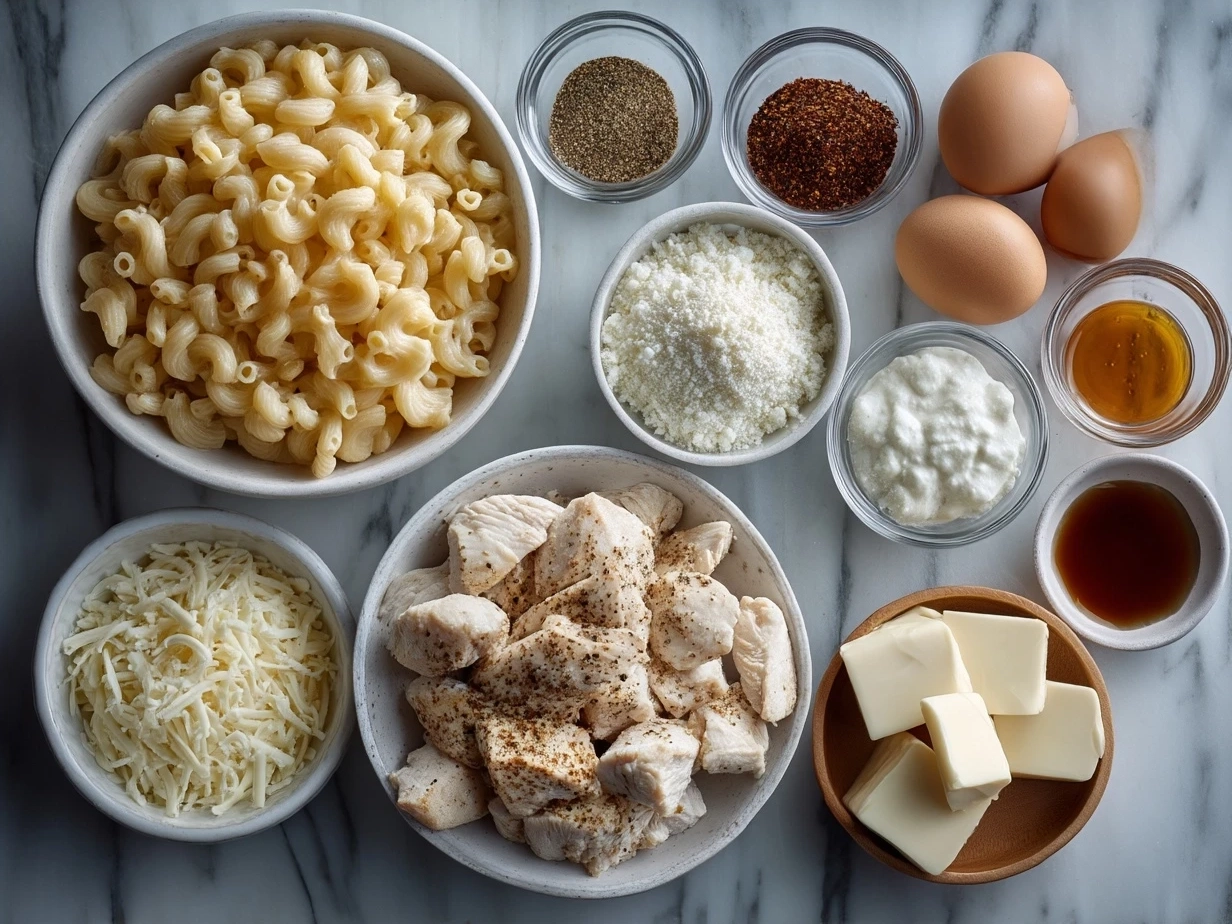 Ingredients for Honey Pepper Chicken Mac and Cheese, including shredded cheeses, butter, milk, and chicken