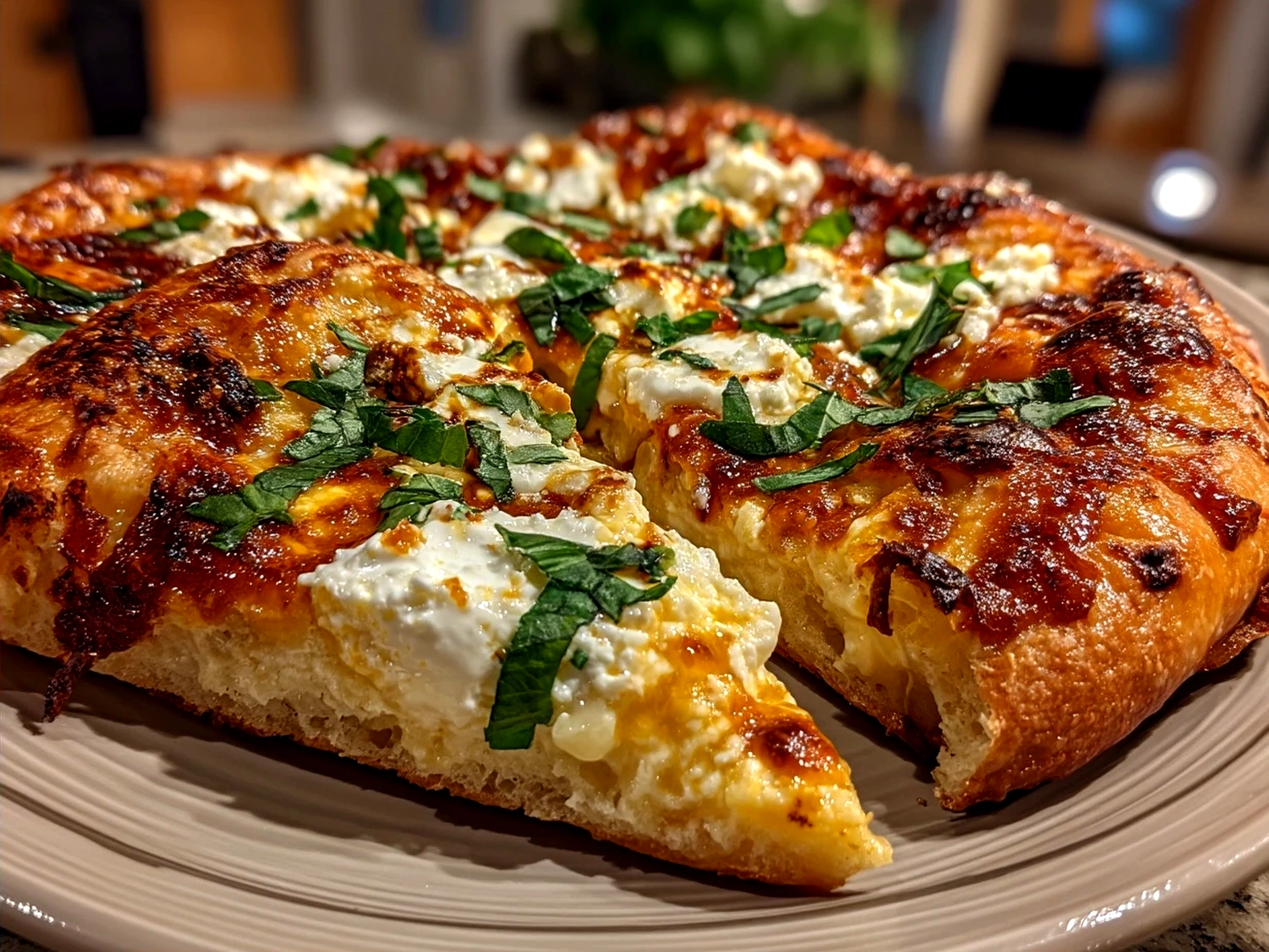 Freshly baked Honey Ricotta Pizza served with herbs
