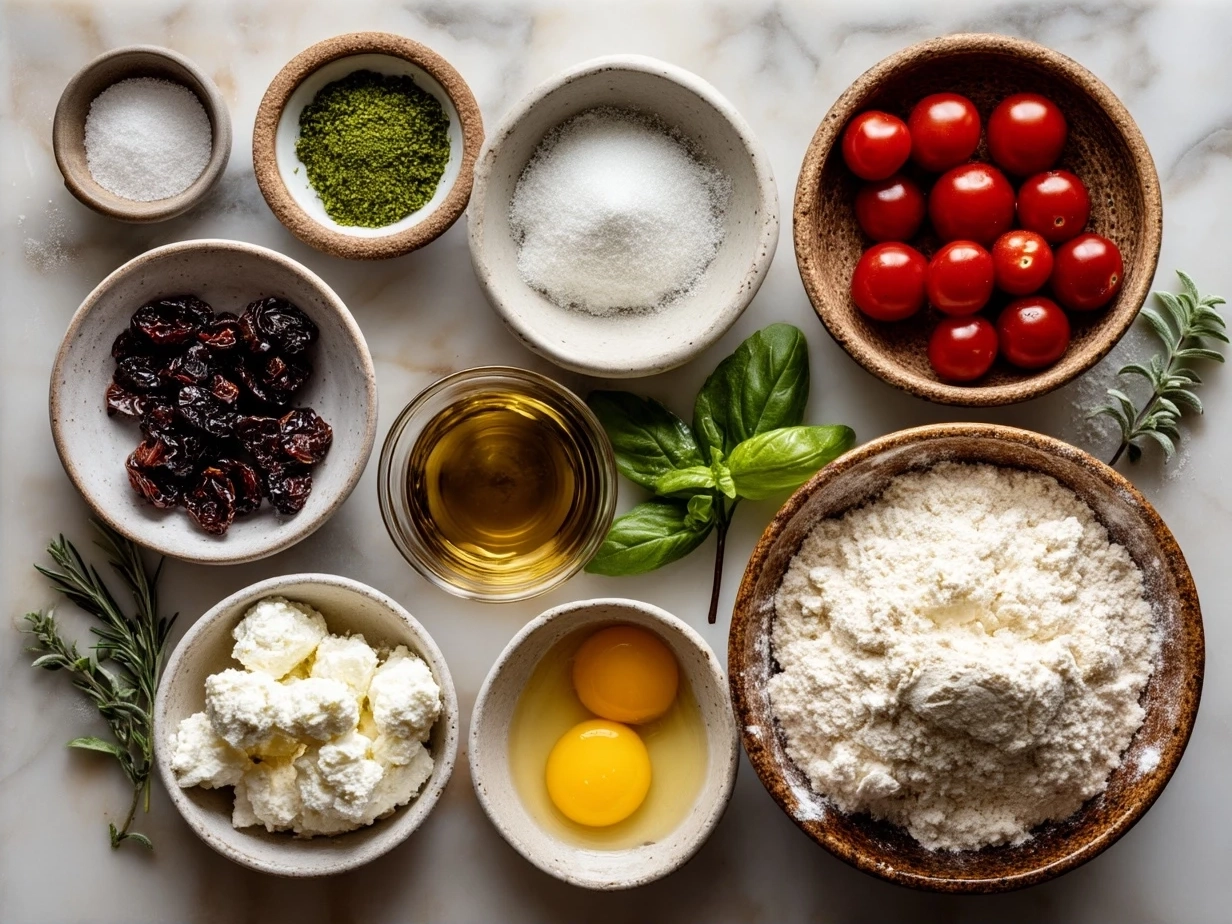 Ingredients for Honey Ricotta Pizza including ricotta cheese, honey, dough, and herbs