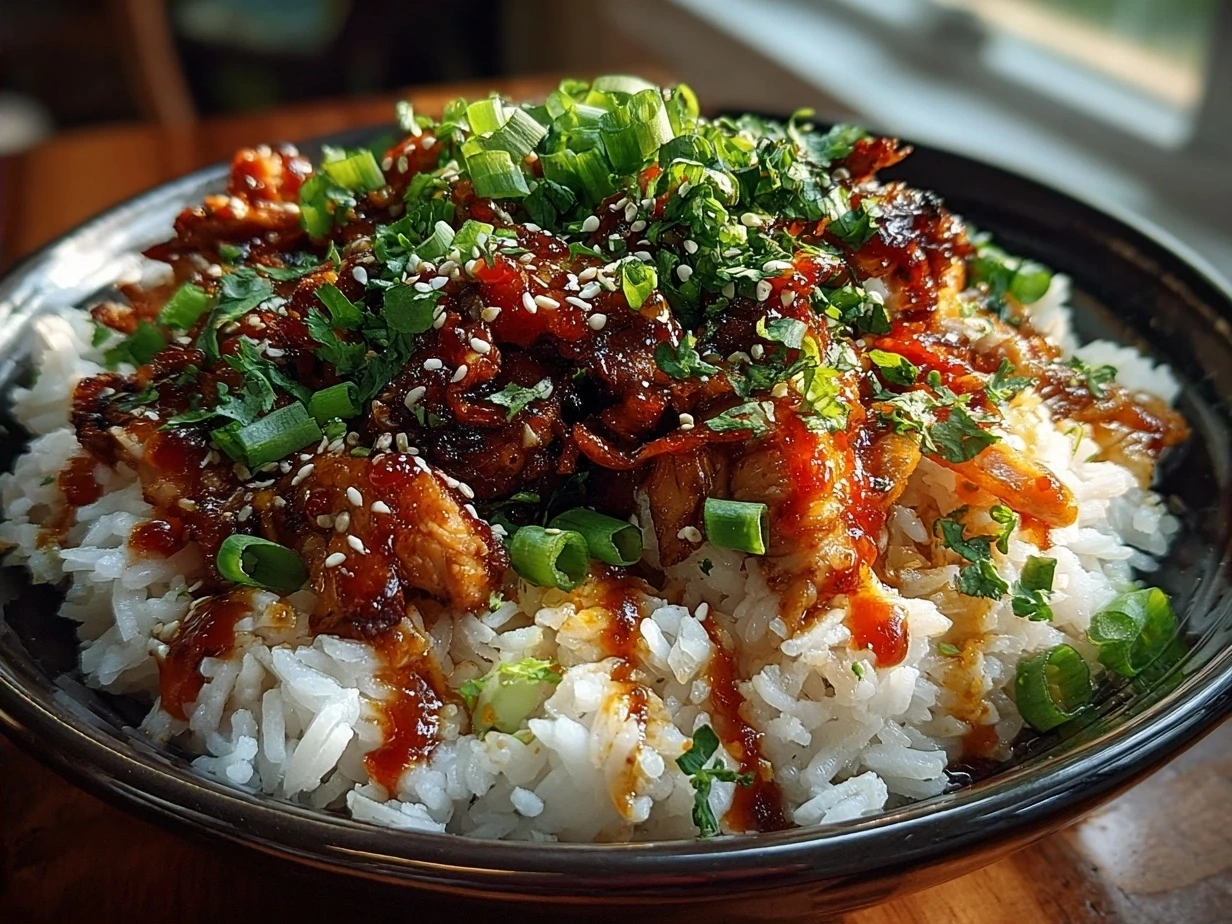 A serving of Honey Sriracha Chicken Rice Bowls garnished with green onions and sesame seeds