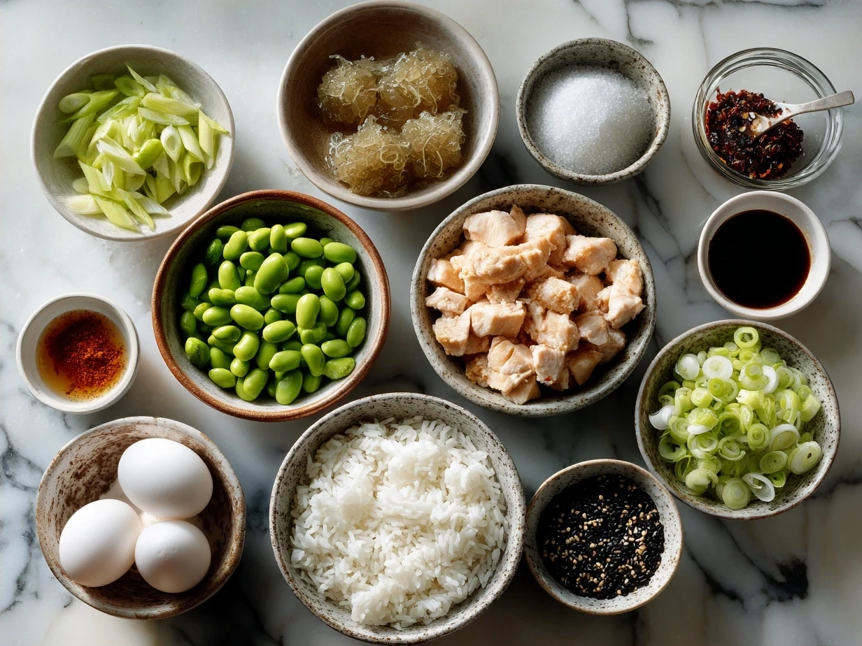 Ingredients for Honey Sriracha Chicken Rice Bowls including chicken, honey, sriracha, garlic, ginger and fresh vegetables