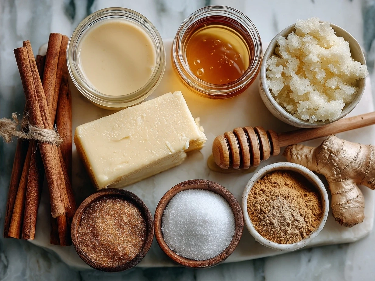 Ingredients for Hot Buttered Rum including butter, brown sugar, spices, hot water, and spiced rum