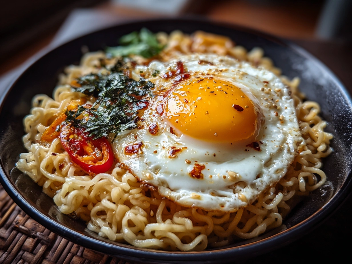 Bowl of serving Instant Noodles with Egg Butter Garlic garnished with green onions and sesame seeds