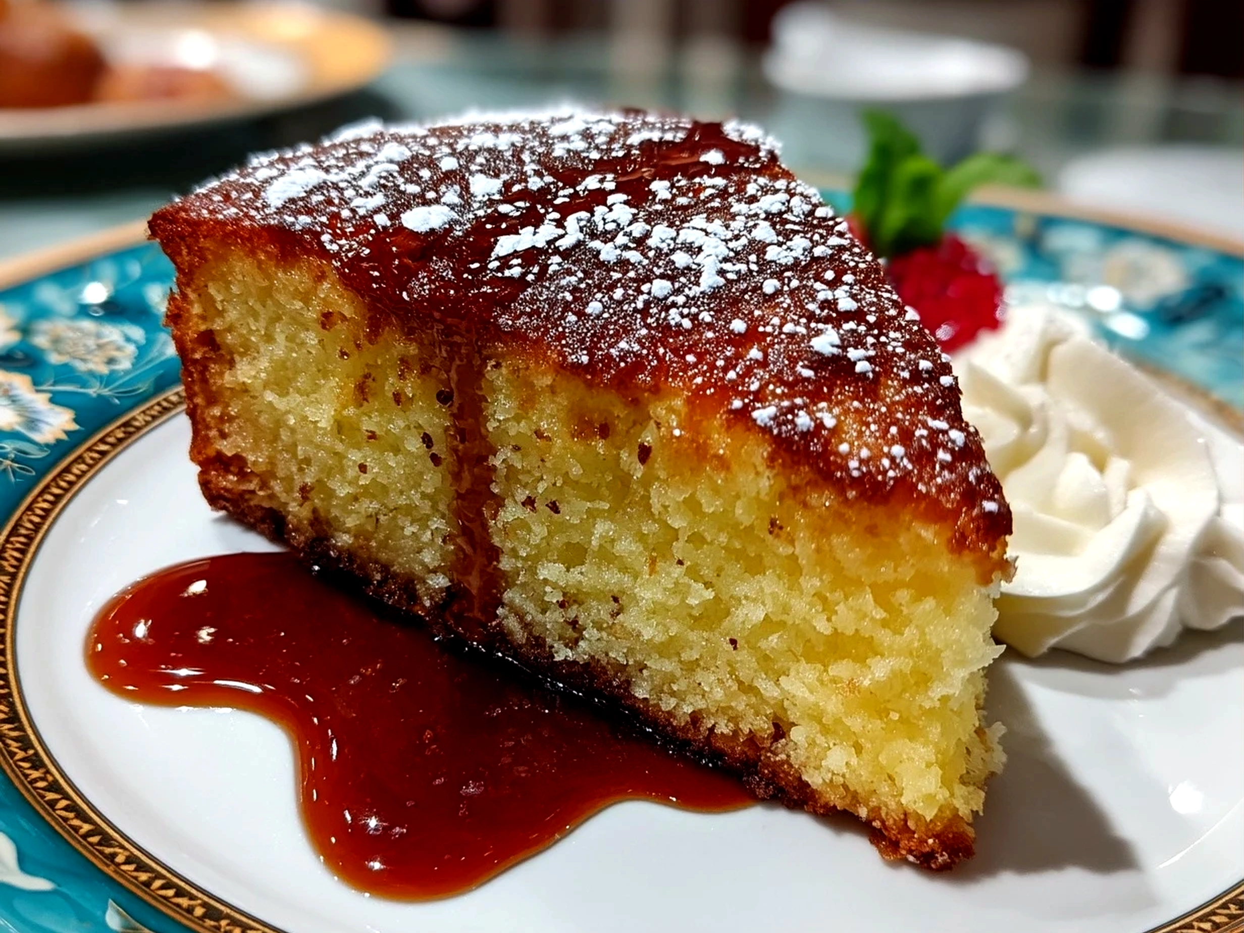 Beautifully served Italian Love Cake with toasted almonds and fresh fruit