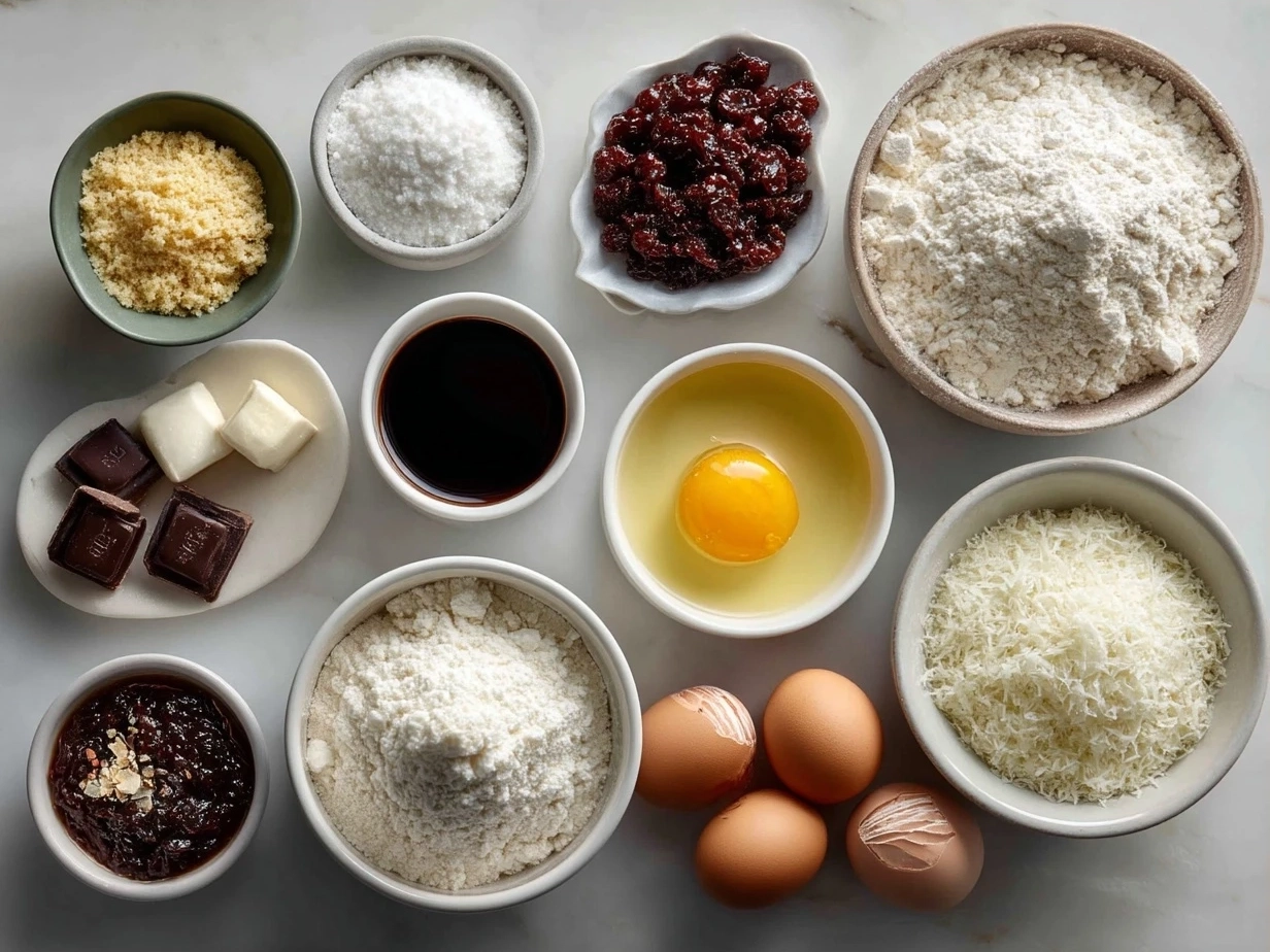 Ingredients for Italian Love Cake including ricotta, almond flour, lemon, eggs and sliced almonds