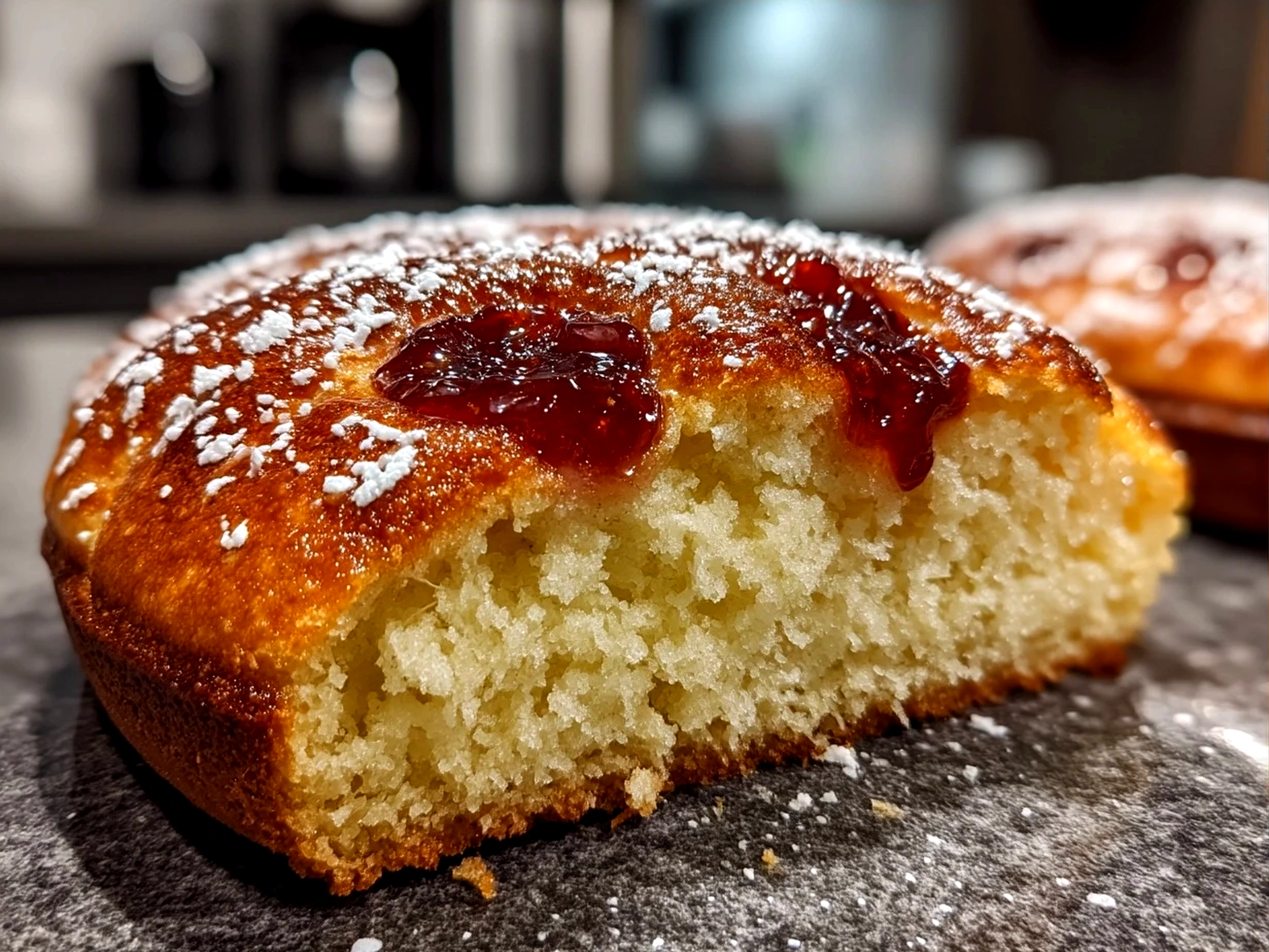 Freshly baked jam donut focaccia on a wooden board, dusted with powdered sugar
