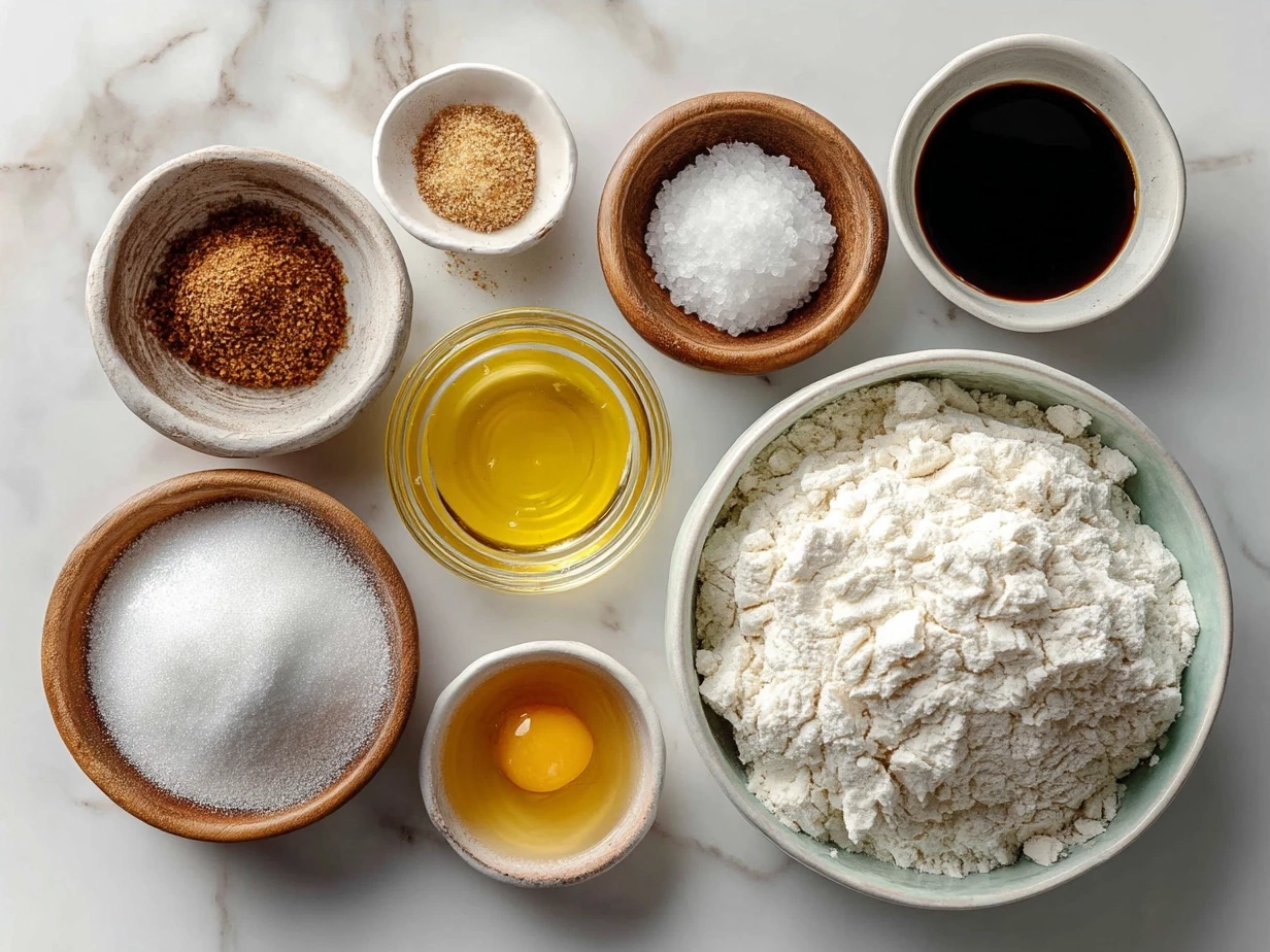 Ingredients for jam donut focaccia laid out including flour, yeast, sugar, olive oil, and jam