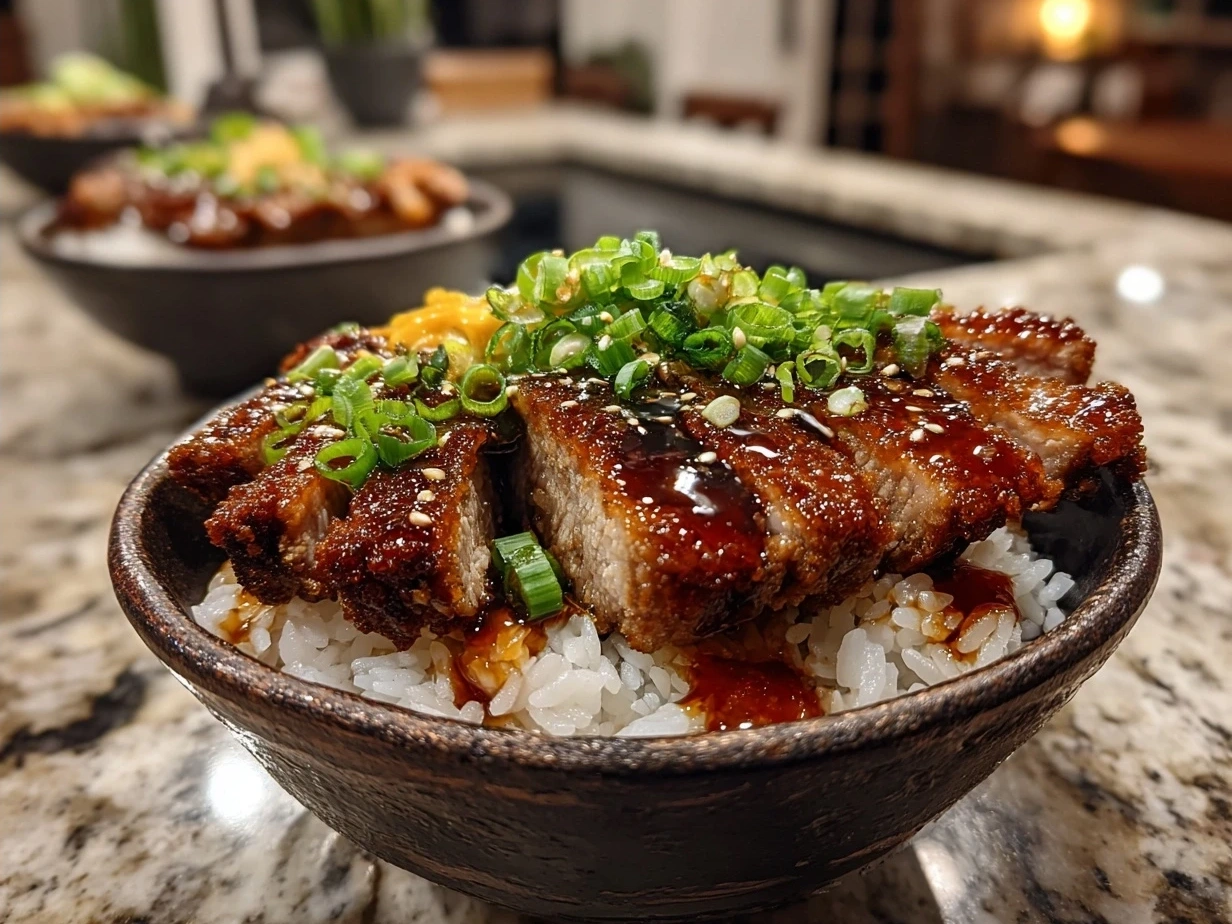 Served Japanese Katsu Bowls featuring crispy pork cutlet slices on steamed rice with tonkatsu sauce