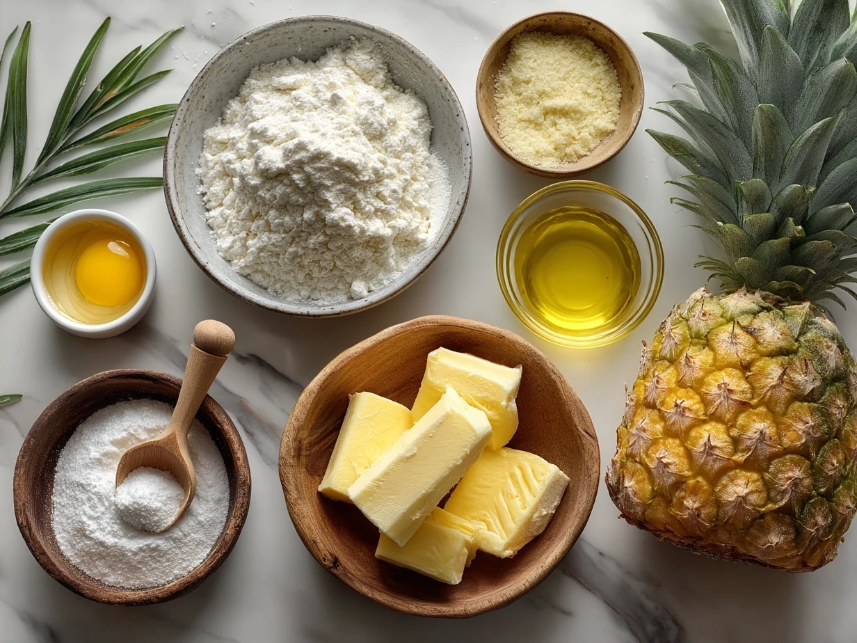 Ingredients for Juicy Pineapple Cake including flour, sugar, eggs, pineapple, butter, and sour cream
