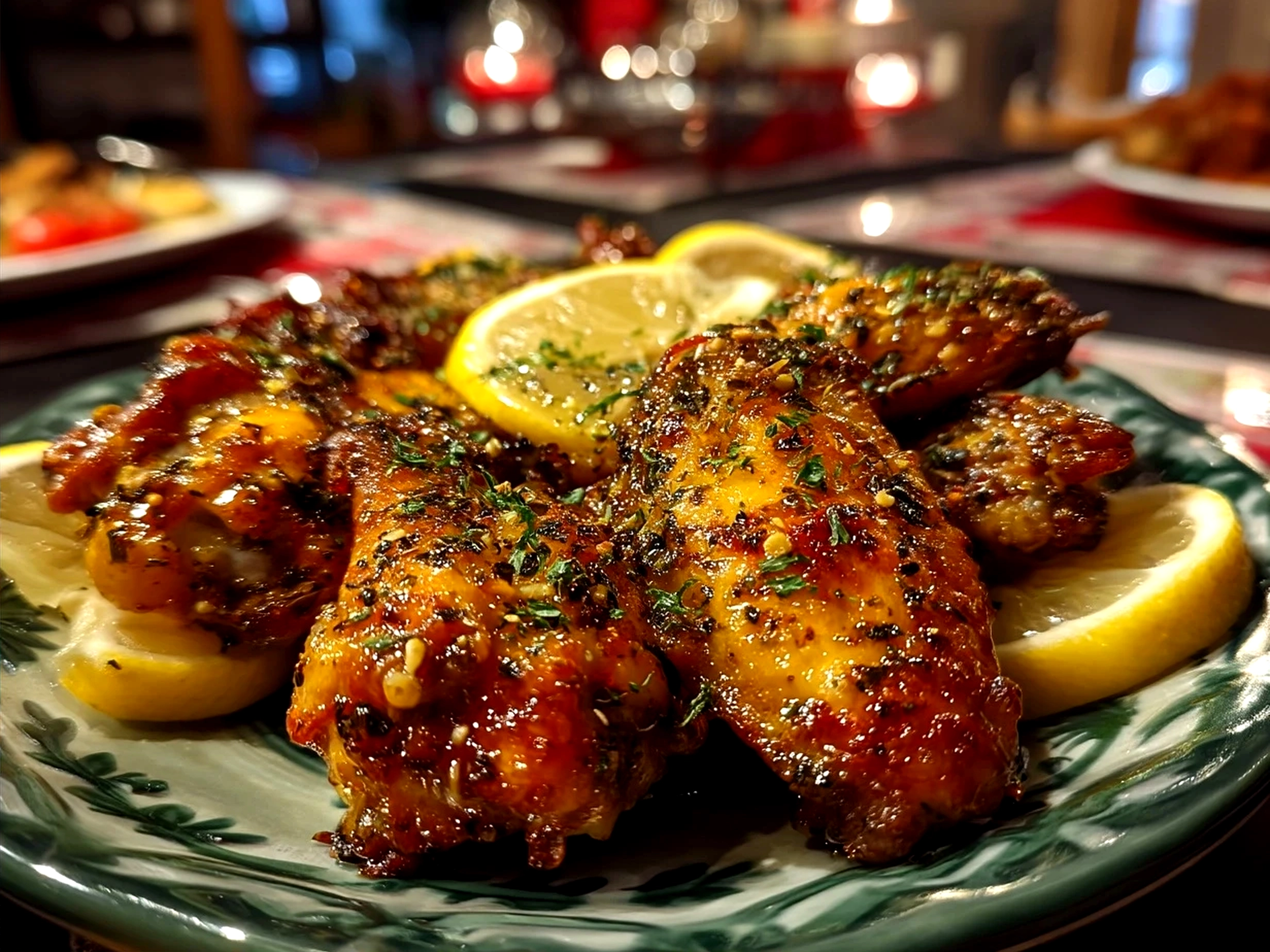 Plated crispy Lemon Pepper wings served with celery sticks and ranch dip
