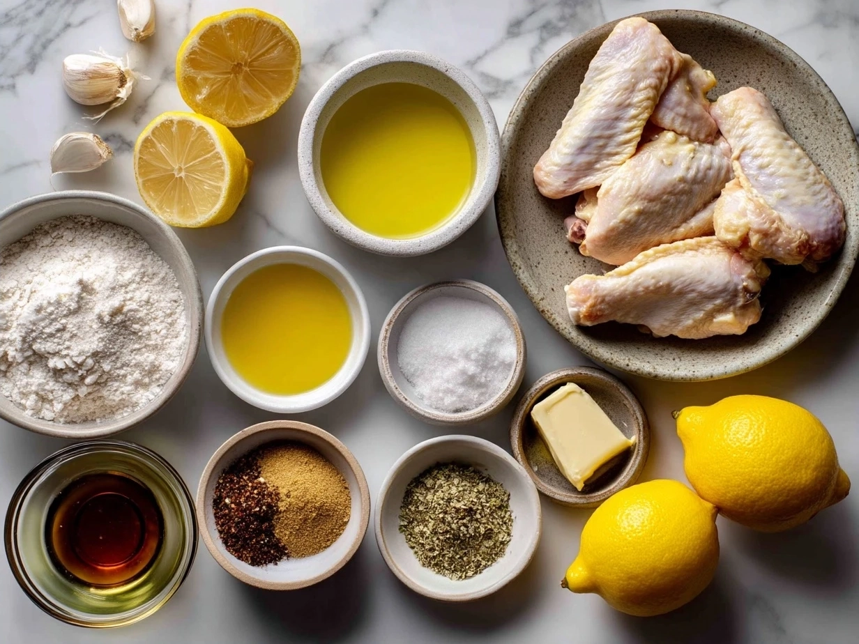 Ingredients for Lemon Pepper wings, including chicken wings, lemon pepper seasoning, butter, garlic and spices