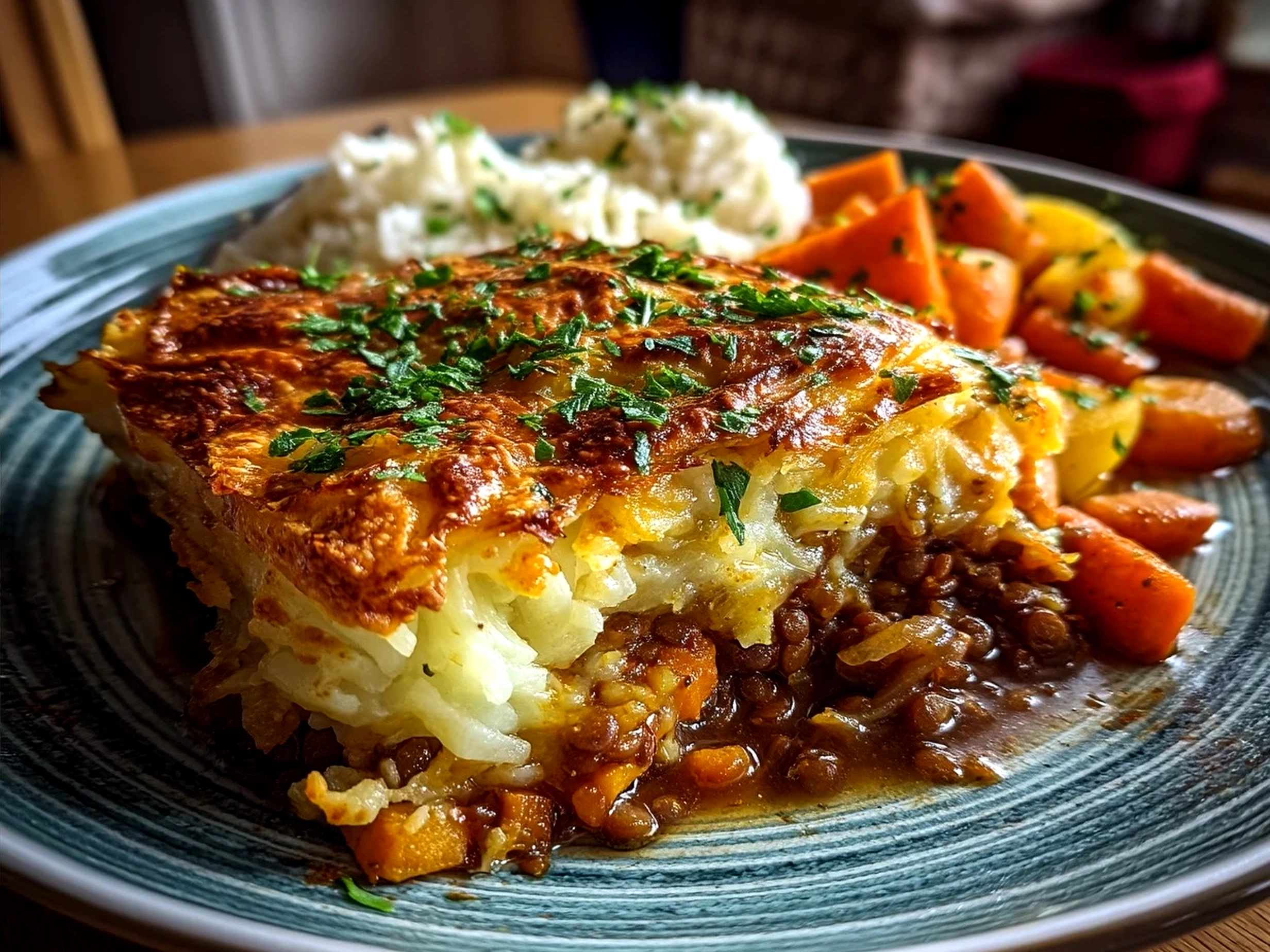 Serving of hearty lentil hotpot garnished with parsley in rustic bowl
