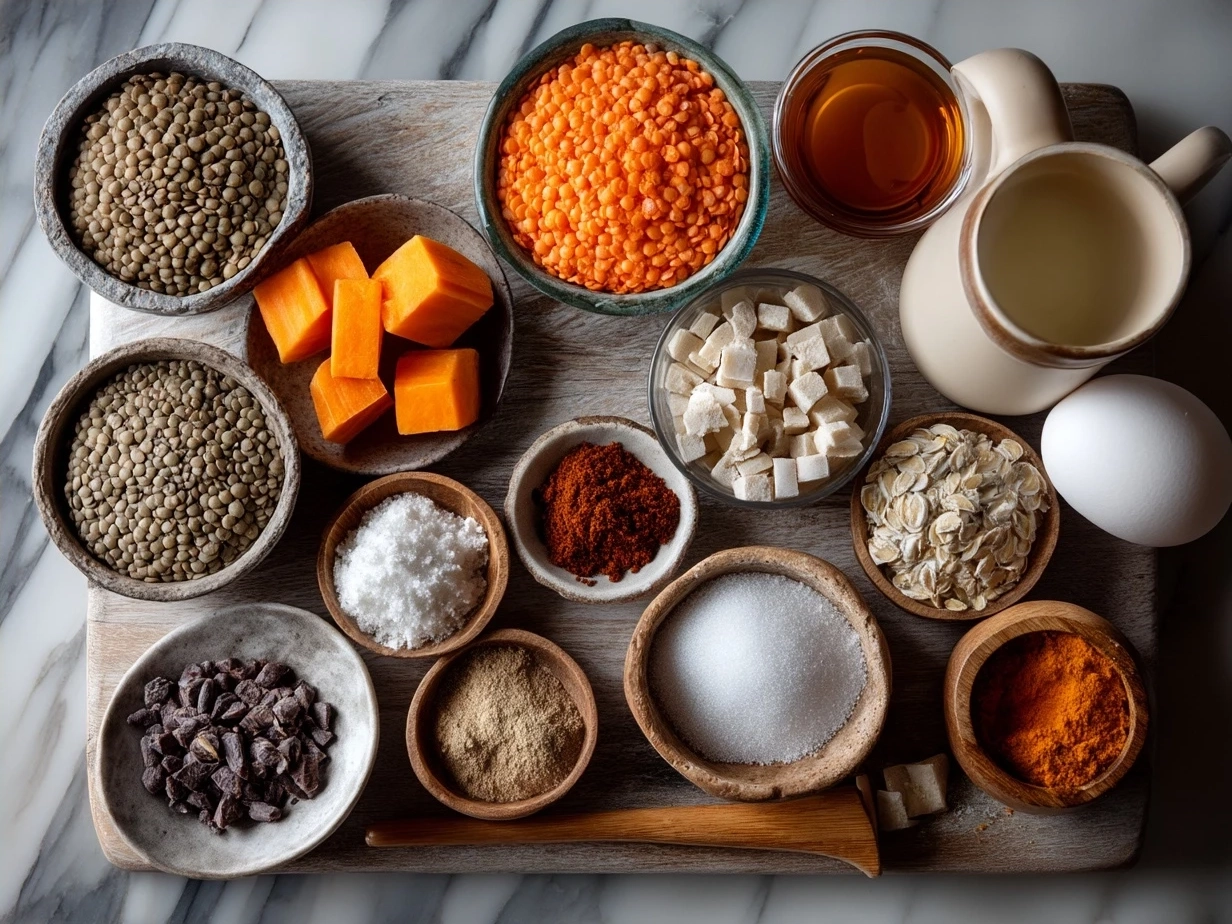 Ingredients for lentil hotpot including vegetables and lentils on countertop