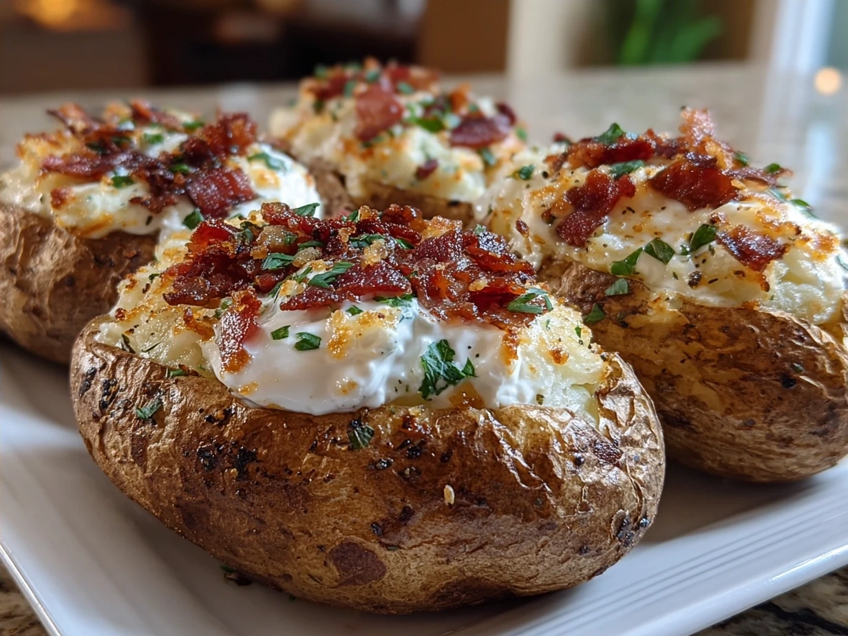 Serving loaded baked potatoes topped with cheese, bacon, sour cream, and green onions