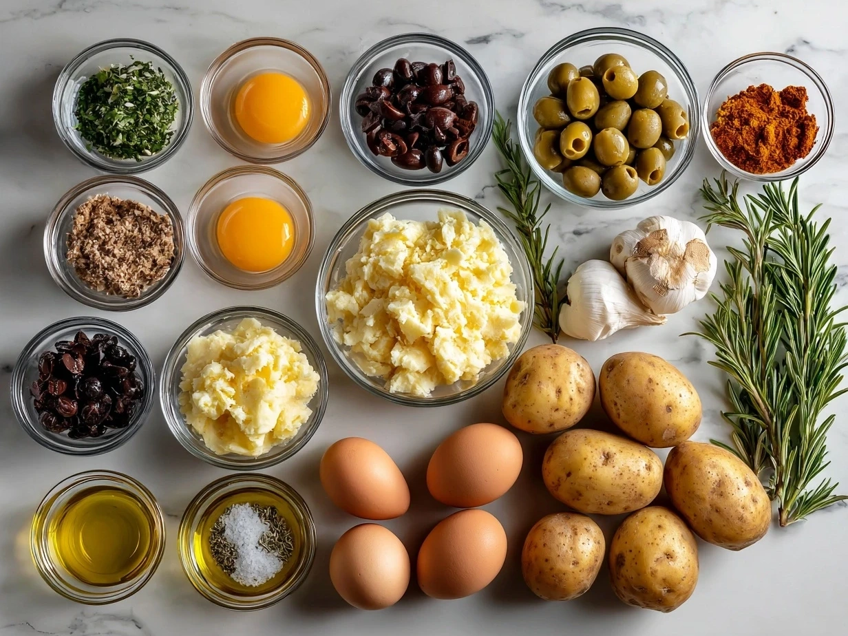 Ingredients for Loaded Baked Potatoes including russet potatoes, shredded cheddar cheese, bacon, sour cream, green onions, butter, salt, and pepper