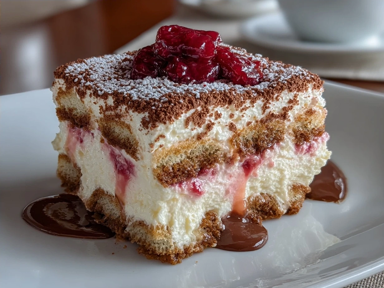 A serving of Luxe Cranberry Tiramisu garnished with pecans and orange zest