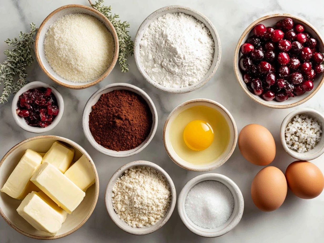 Ingredients for Luxe Cranberry Tiramisu displayed on a kitchen counter