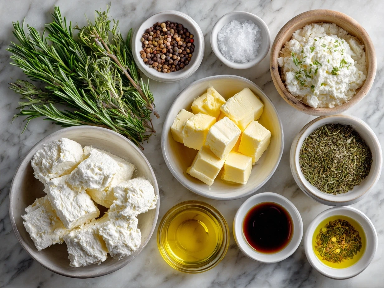 Ingredients for marinated cheese including herbs, olive oil, garlic, feta and mozzarella