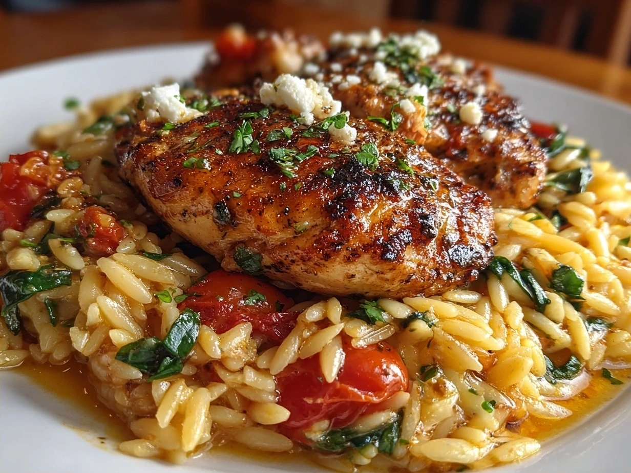 Final serving dish of Mediterranean Chicken and Orzo garnished with parsley and feta cheese