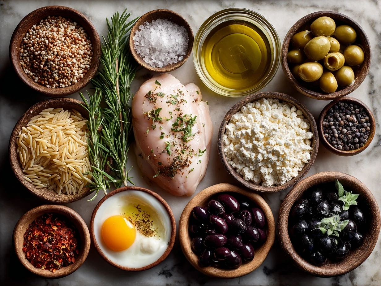 Ingredients for Mediterranean Chicken and Orzo laid out on a kitchen counter including chicken, orzo, lemon, garlic, spinach, and feta cheese