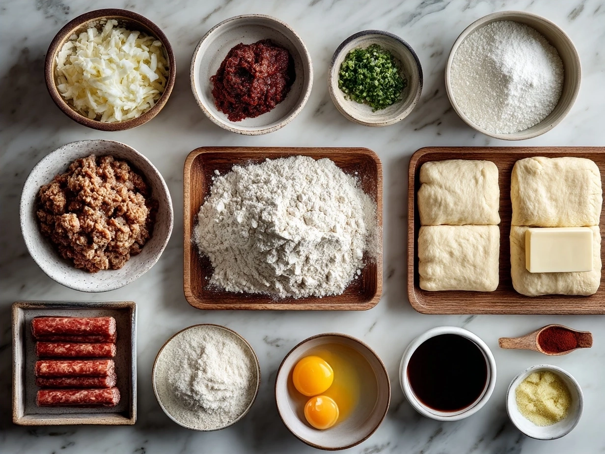 Ingredients laid out for mini sausage roll wreaths with puff pastry, mini sausages, spices, and egg