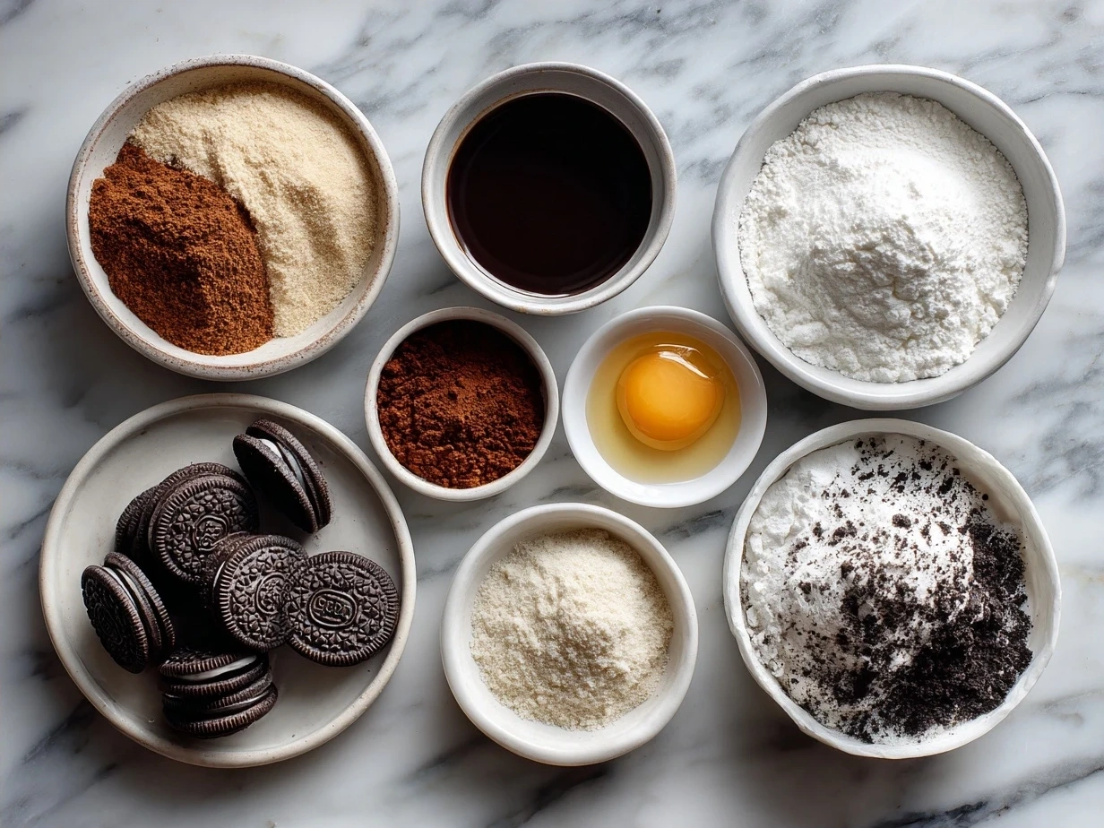 Ingredients for Mint Oreo Brownies including butter, sugar, eggs, flour, cocoa powder, and Mint Oreos