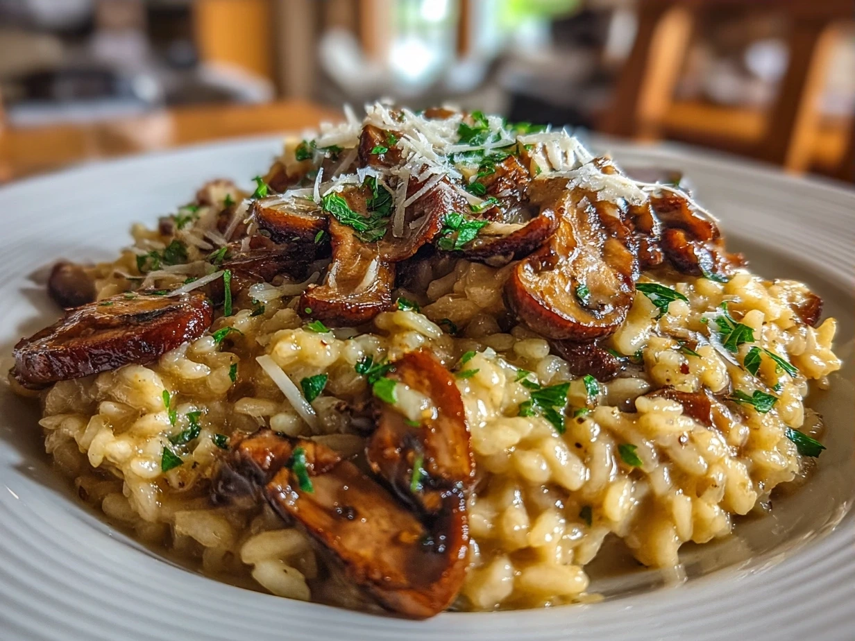Creamy mushroom risotto served in a bowl garnished with fresh parsley and Parmesan cheese