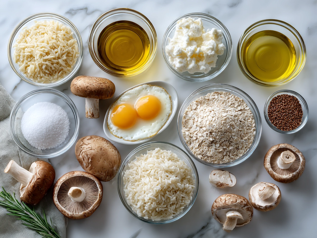 Ingredients for mushroom risotto recipe including Arborio rice, mushrooms, Parmesan, and broth