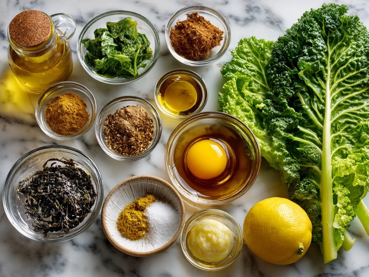 Ingredients for mustard greens recipe including fresh mustard greens, bacon, onion, garlic, and spices
