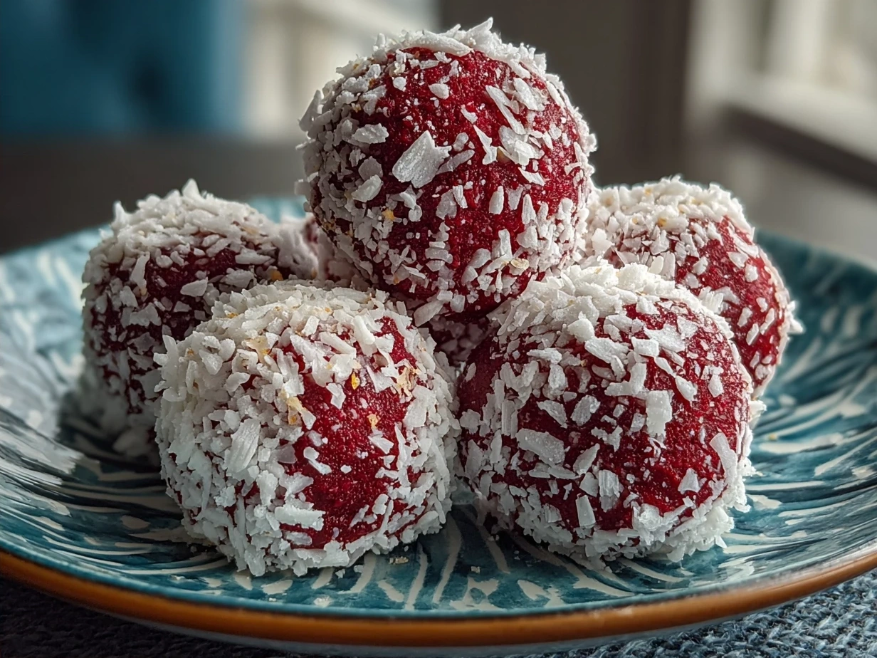 Plated No-Bake Red Velvet Snowball Truffles ready to serve