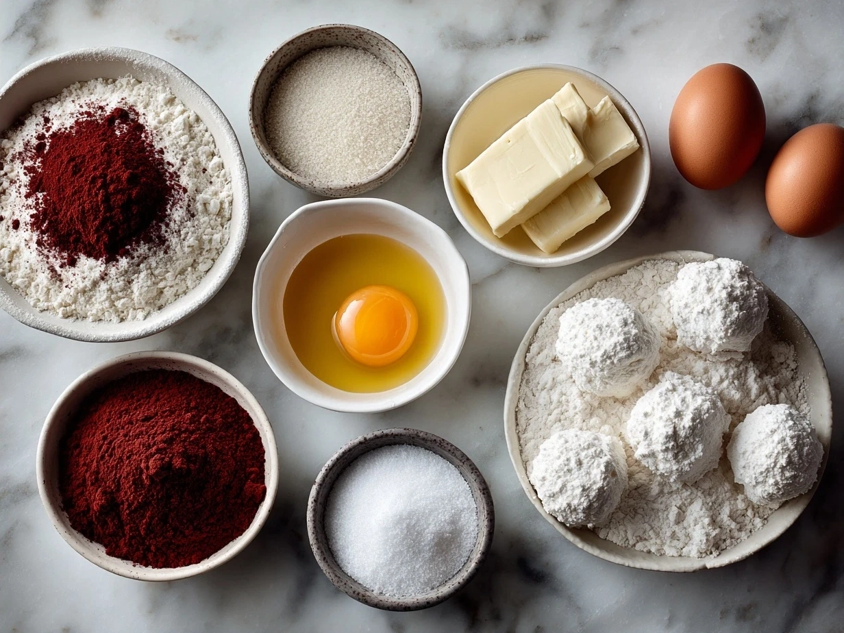 Ingredients for No-Bake Red Velvet Snowball Truffles