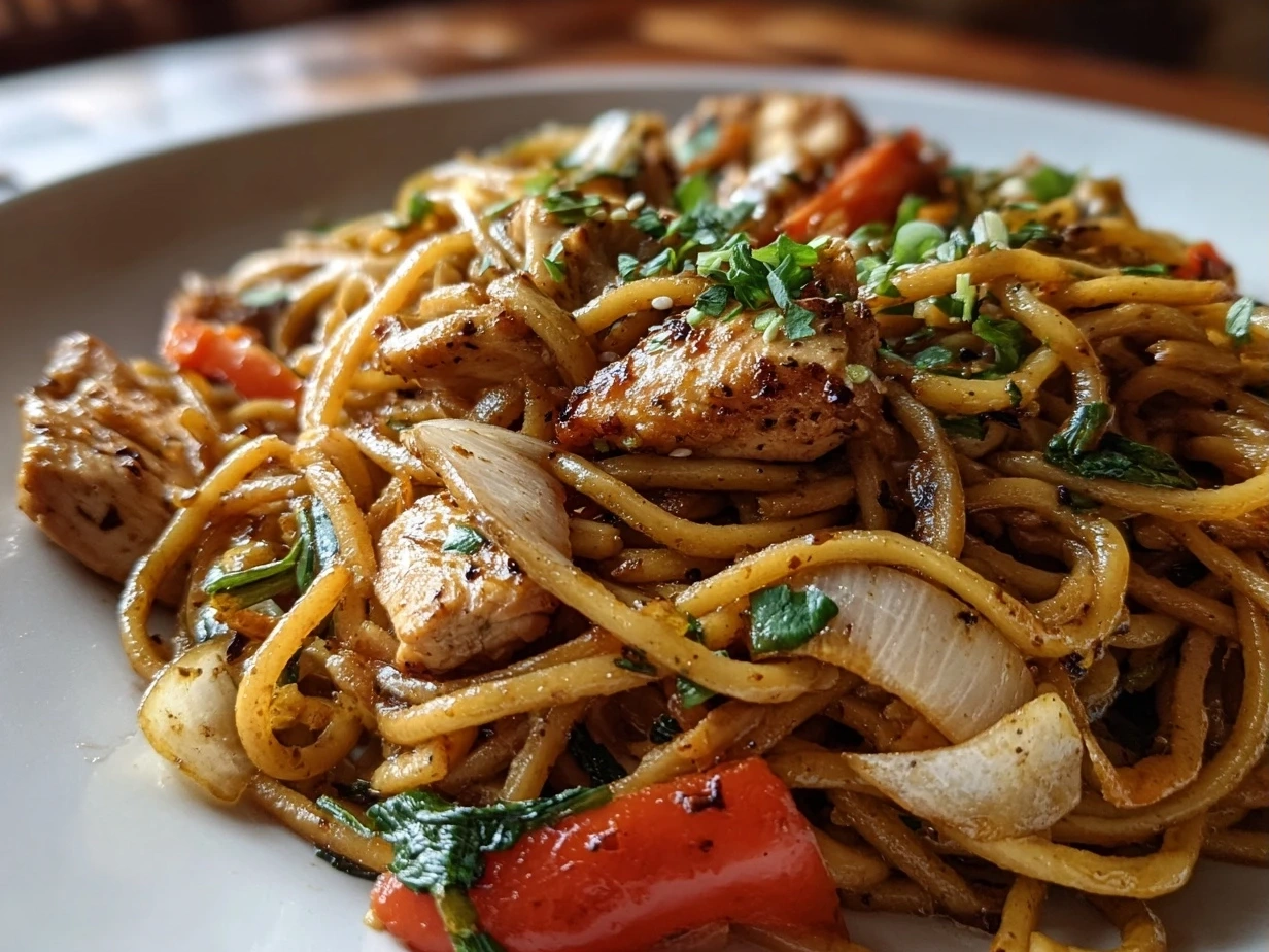 Served One-Pan Chicken Lo Mein in bowls garnished with green onions and sesame seeds