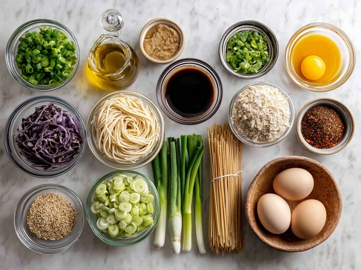 Ingredients for One-Pan Chicken Lo Mein including noodles, chicken, garlic, vegetables, and sauces